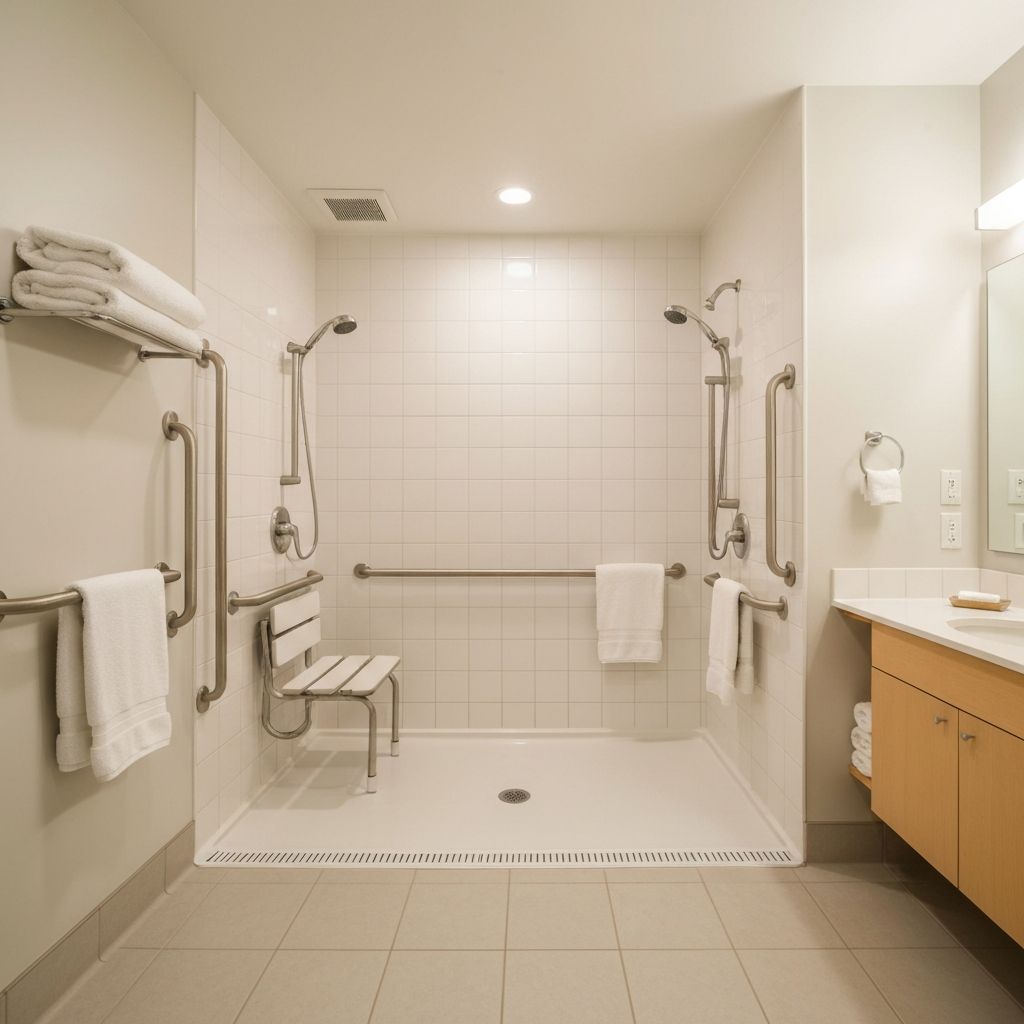 Modern, accessible bathroom in a senior living facility with safety features